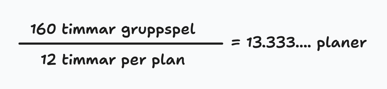 160 timmar delat på 12 timmar per plan är ungefär 13,3 planer