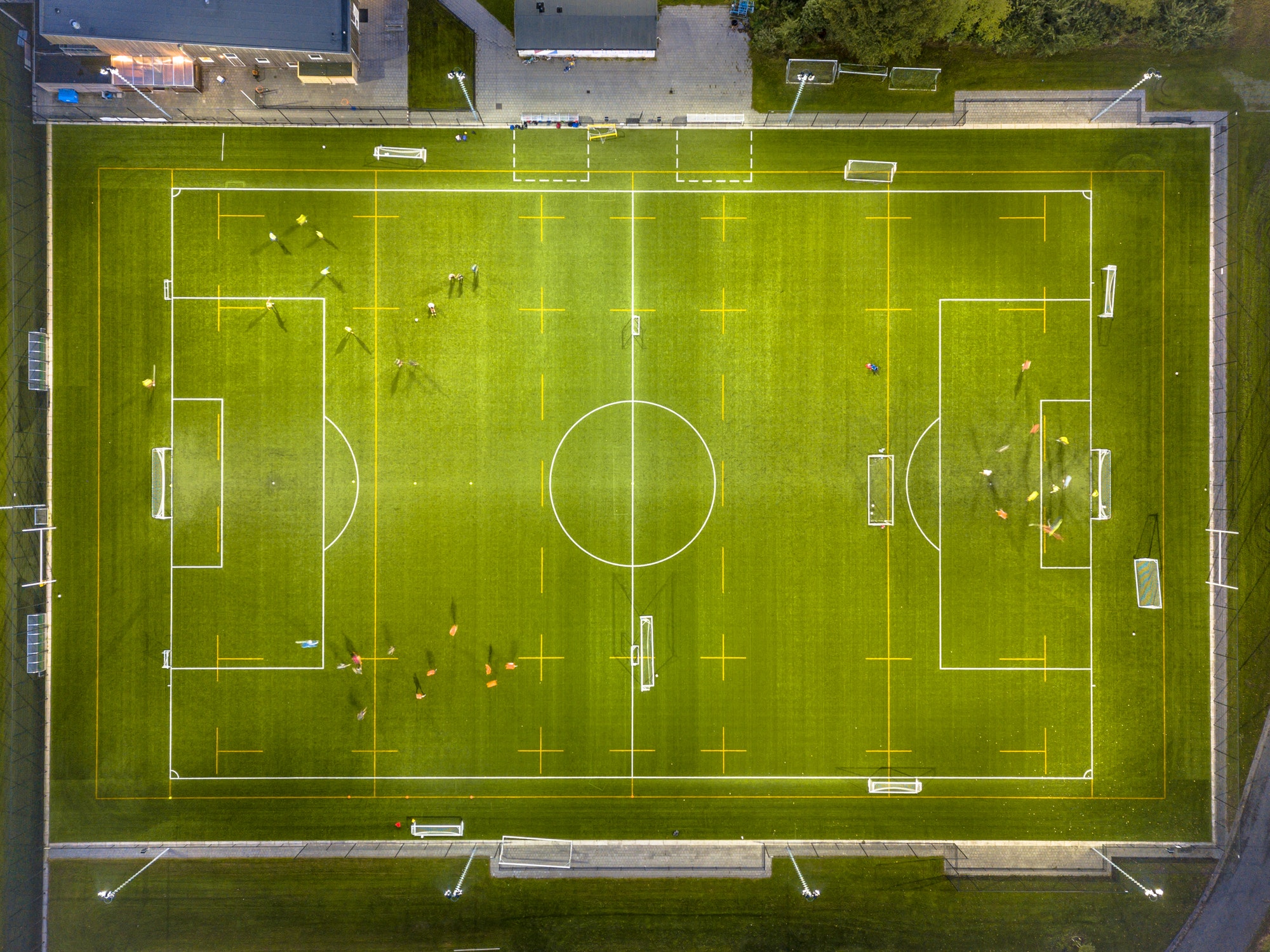 Aerial view of soccer field at night